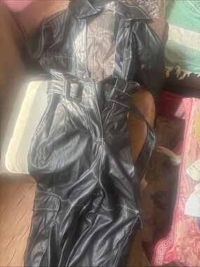 Faux Leather Black Jumpsuit with Belt